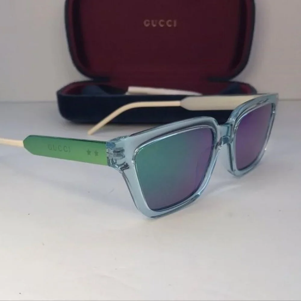 💯 - New - Authentic Gucci Light Blue/Metallic Gradient GG0975S Mirrored Squa…